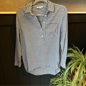 Beachlunchlounge Blue and‎ White 3/4 Sleeve Polo Button Up Shirt Sz S